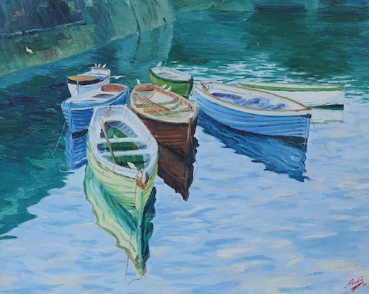 Rankin, Modern British, oil on board, Study of fishing boats, signed and dated '56, 39 x 48cm. Condition - good